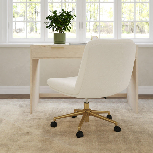 White Boucle/Polished Brass Frame |#| Boucle Swivel Home Office Chair with Wide Seat - Off White/Polished Brass