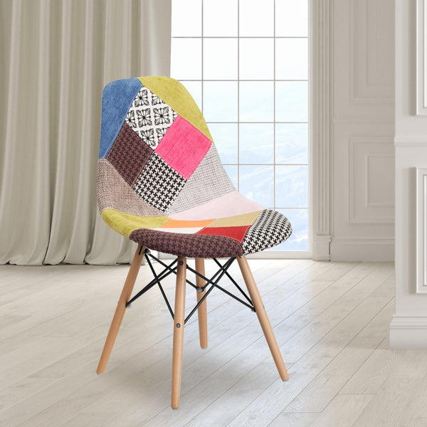 Milan Patchwork |#| Upholstered Patchwork Fabric Accent Side Chair with Wooden Legs