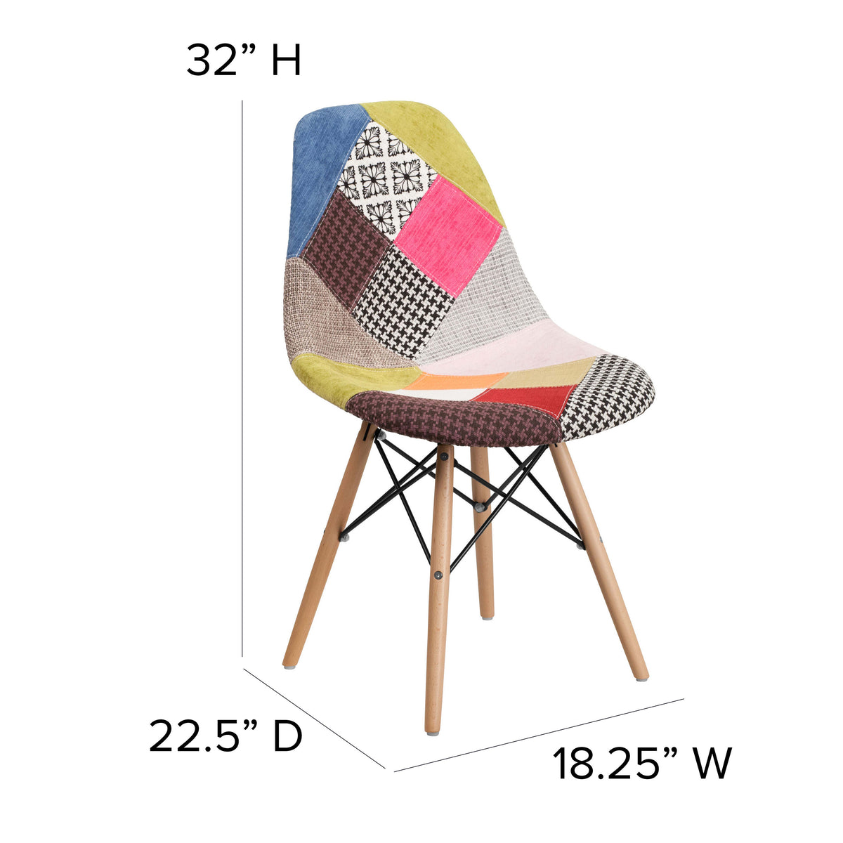 Milan Patchwork |#| Upholstered Patchwork Fabric Accent Side Chair with Wooden Legs