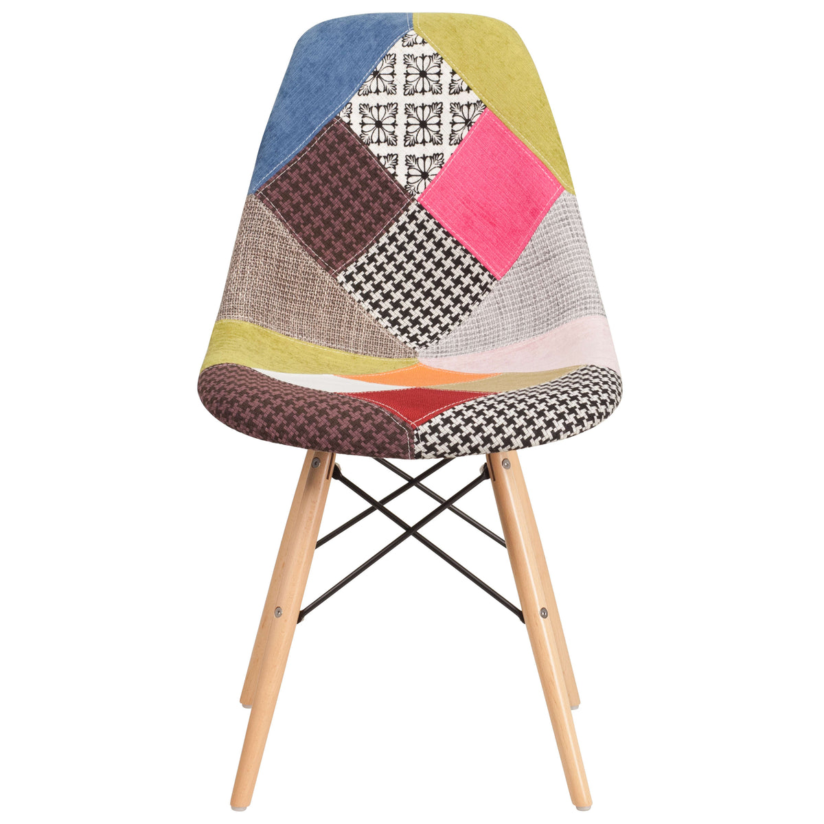 Milan Patchwork |#| Upholstered Patchwork Fabric Accent Side Chair with Wooden Legs