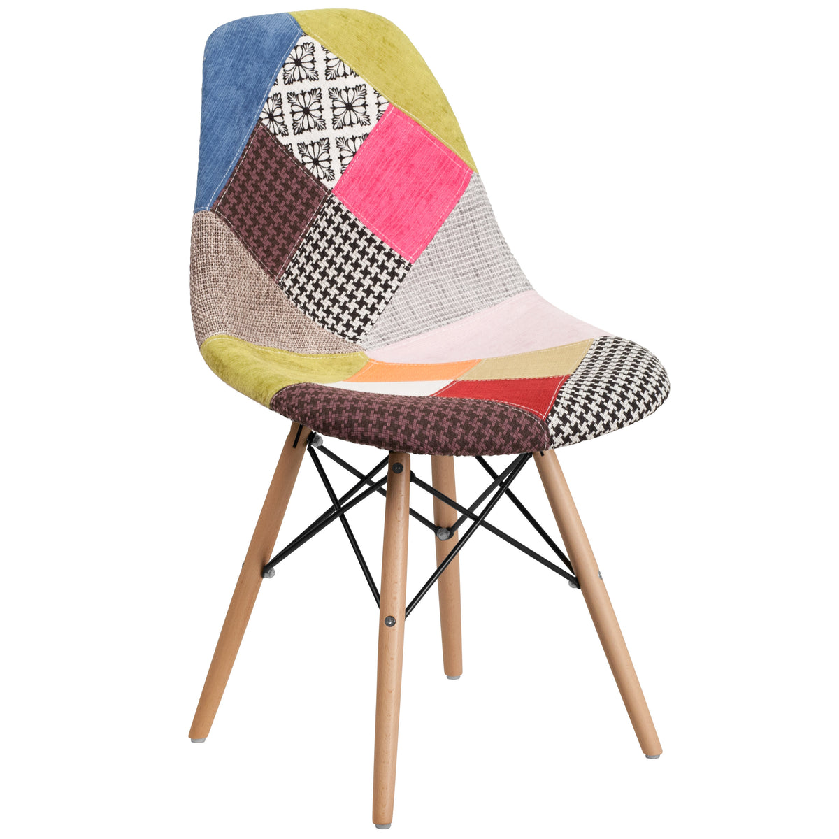 Milan Patchwork |#| Upholstered Patchwork Fabric Accent Side Chair with Wooden Legs