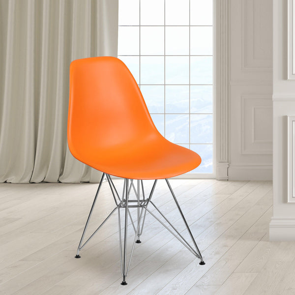 Orange |#| Orange Plastic Chair w/Chrome Base - Hospitality Seating - Accent and Side Chair