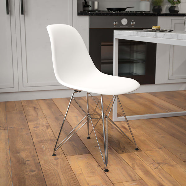 White |#| White Plastic Chair w/ Chrome Base - Hospitality Seating - Accent and Side Chair
