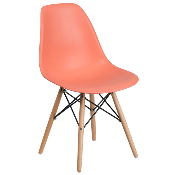 Peach |#| Peach Plastic Chair with Wooden Legs - Hospitality Seating - Side Chair