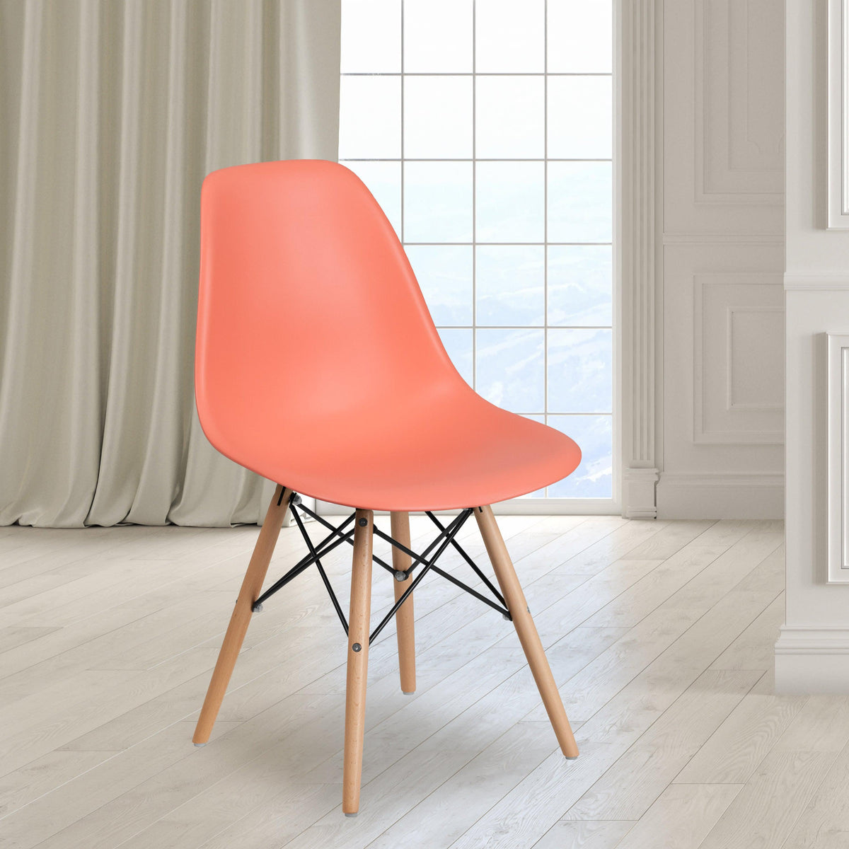Peach |#| Peach Plastic Chair with Wooden Legs - Hospitality Seating - Side Chair