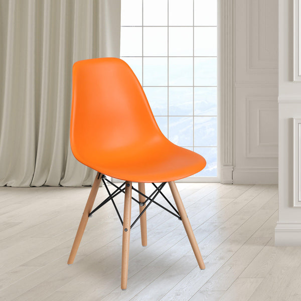 Orange |#| Orange Plastic Chair with Wooden Legs - Hospitality Seating - Side Chair