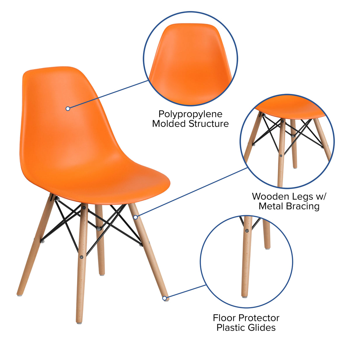 Orange |#| Orange Plastic Chair with Wooden Legs - Hospitality Seating - Side Chair