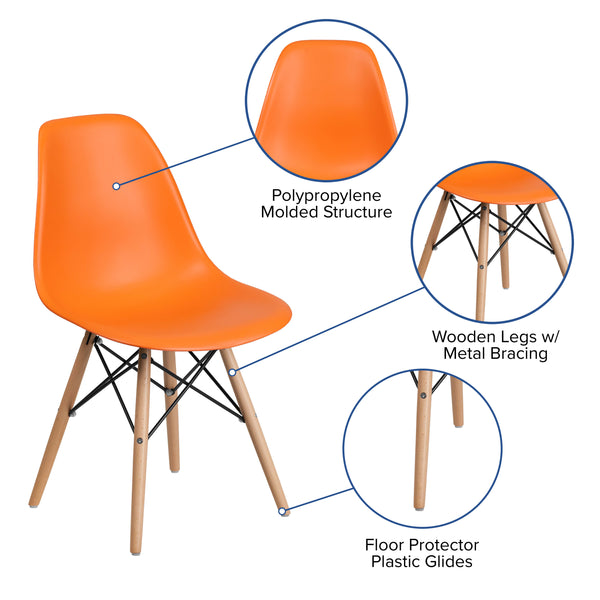 Orange |#| Orange Plastic Chair with Wooden Legs - Hospitality Seating - Side Chair