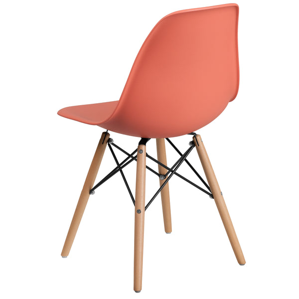 Peach |#| Peach Plastic Chair with Wooden Legs - Hospitality Seating - Side Chair