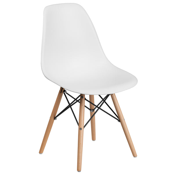 White |#| White Plastic Chair with Wooden Legs - Hospitality Seating - Side Chair