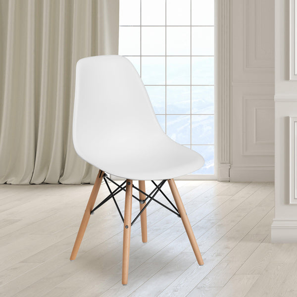White |#| White Plastic Chair with Wooden Legs - Hospitality Seating - Side Chair