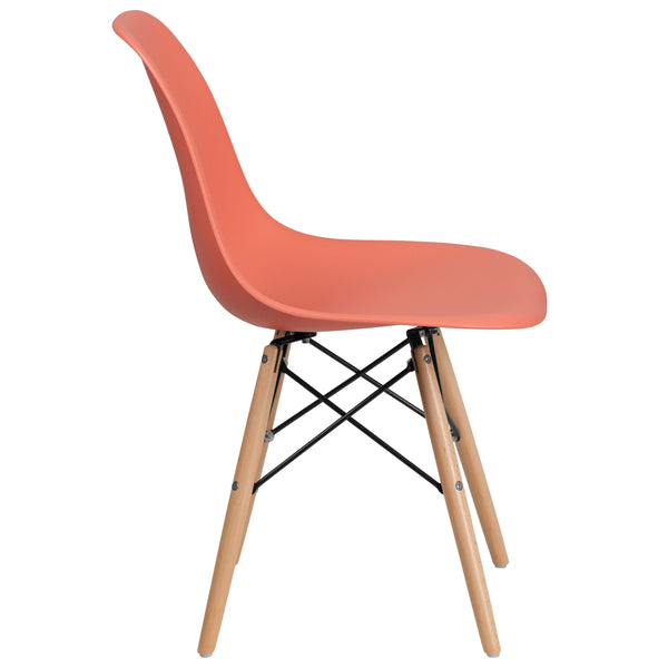 Peach |#| Peach Plastic Chair with Wooden Legs - Hospitality Seating - Side Chair