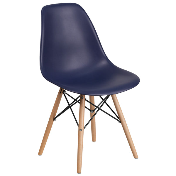 Navy |#| Navy Plastic Chair with Wooden Legs - Hospitality Seating - Side Chair