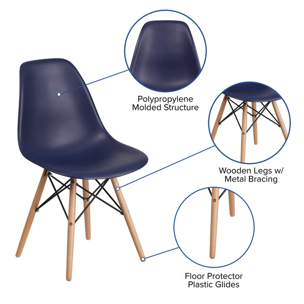 Navy |#| Navy Plastic Chair with Wooden Legs - Hospitality Seating - Side Chair