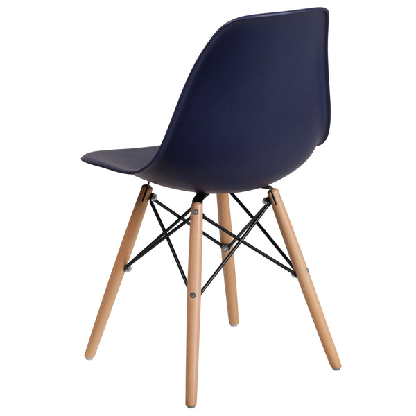 Navy |#| Navy Plastic Chair with Wooden Legs - Hospitality Seating - Side Chair