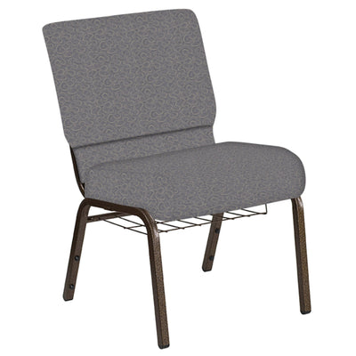 Embroidered 21''W Church Chair in Ribbons Fabric with Book Rack - Gold Vein Frame - View 1