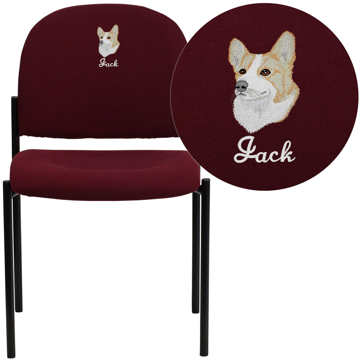 Burgundy Fabric |#| Embroidered Comfort Burgundy Fabric Stackable Steel Side Reception Chair