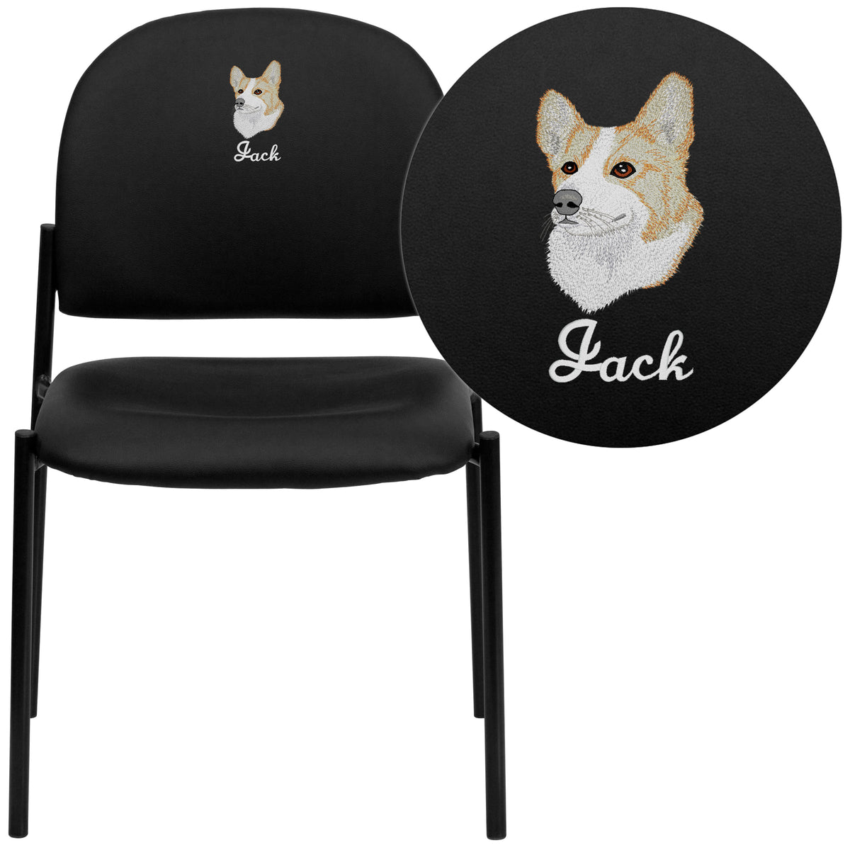 Black Vinyl |#| Embroidered Comfort Black Vinyl Stackable Steel Side Reception Chair - Office