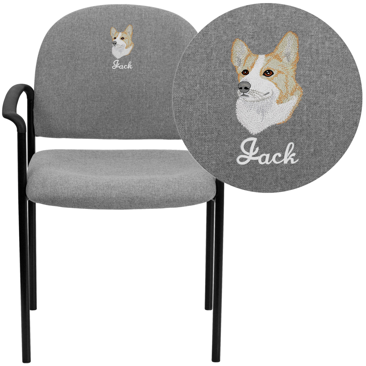 Gray Fabric |#| Embroidered Comfort Gray Fabric Stackable Steel Side Reception Chair with Arms