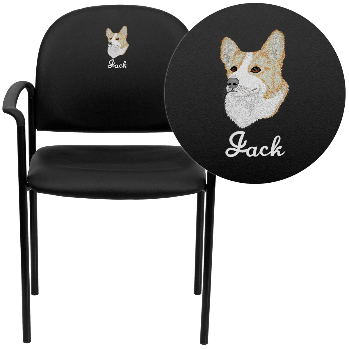 Black Vinyl |#| Embroidered Comfort Black Vinyl Stackable Steel Side Reception Chair with Arms
