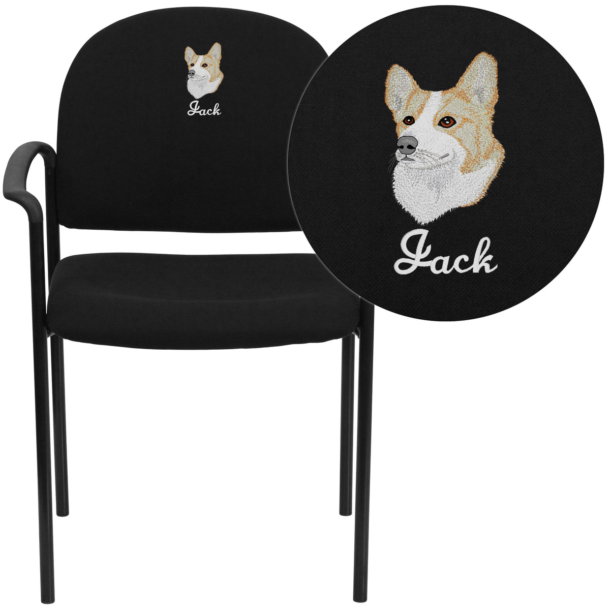 Black Fabric |#| Embroidered Comfort Black Fabric Stackable Steel Side Reception Chair with Arms