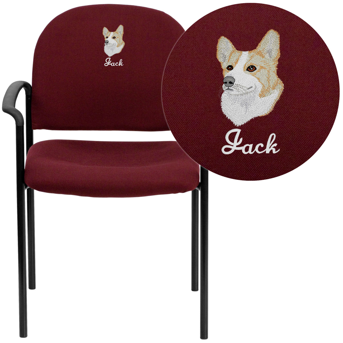 Burgundy Fabric |#| Embroidered Comfort Burgundy Fabric Stackable Steel Side Reception Chair w/ Arms