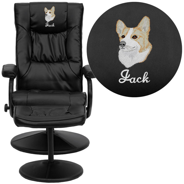 Black |#| Embroidered Black LeatherSoft Multi-Position Recliner &Ottoman w/Wrapped Base