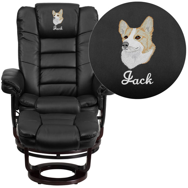 Black |#| EMB Black LeatherSoft Multi-Position Recliner &Ottoman w/Mahogany Wood Base