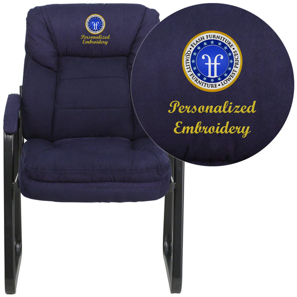 Navy Microfiber |#| EMB Navy MIC Executive Side Reception Chair with Lumbar Support and Sled Base