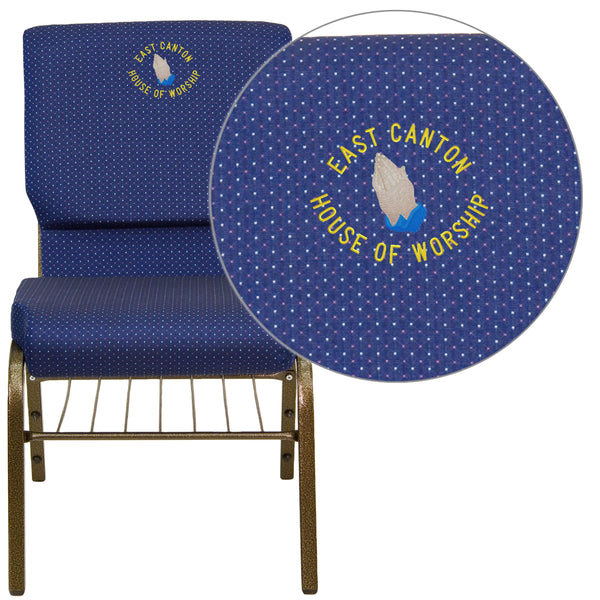 Navy Blue Patterned Fabric/Gold Vein Frame |#| EMB 18.5inchW Church Chair in Navy Blue Fabric with Book Rack - Gold Vein Frame