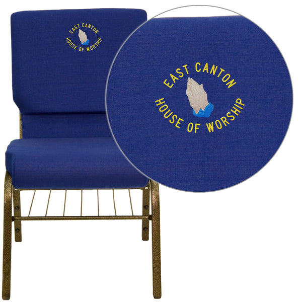 Navy Blue Fabric/Gold Vein Frame |#| EMB 18.5inchW Church Chair in Navy Blue Fabric with Book Rack - Gold Vein Frame
