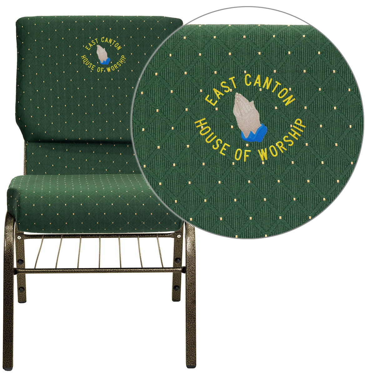 Green Patterned Fabric/Gold Vein Frame |#| Embroidered 18.5inchW Church Chair in Green Patterned Fabric with Book Rack