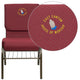 Burgundy Patterned Fabric/Gold Vein Frame |#| EMB 18.5inchW Church Chair in Burgundy Fabric with Book Rack - Gold Vein Frame