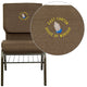 Brown Fabric/Gold Vein Frame |#| Embroidered 18.5inchW Church Chair in Brown Fabric with Book Rack - Gold Vein Frame