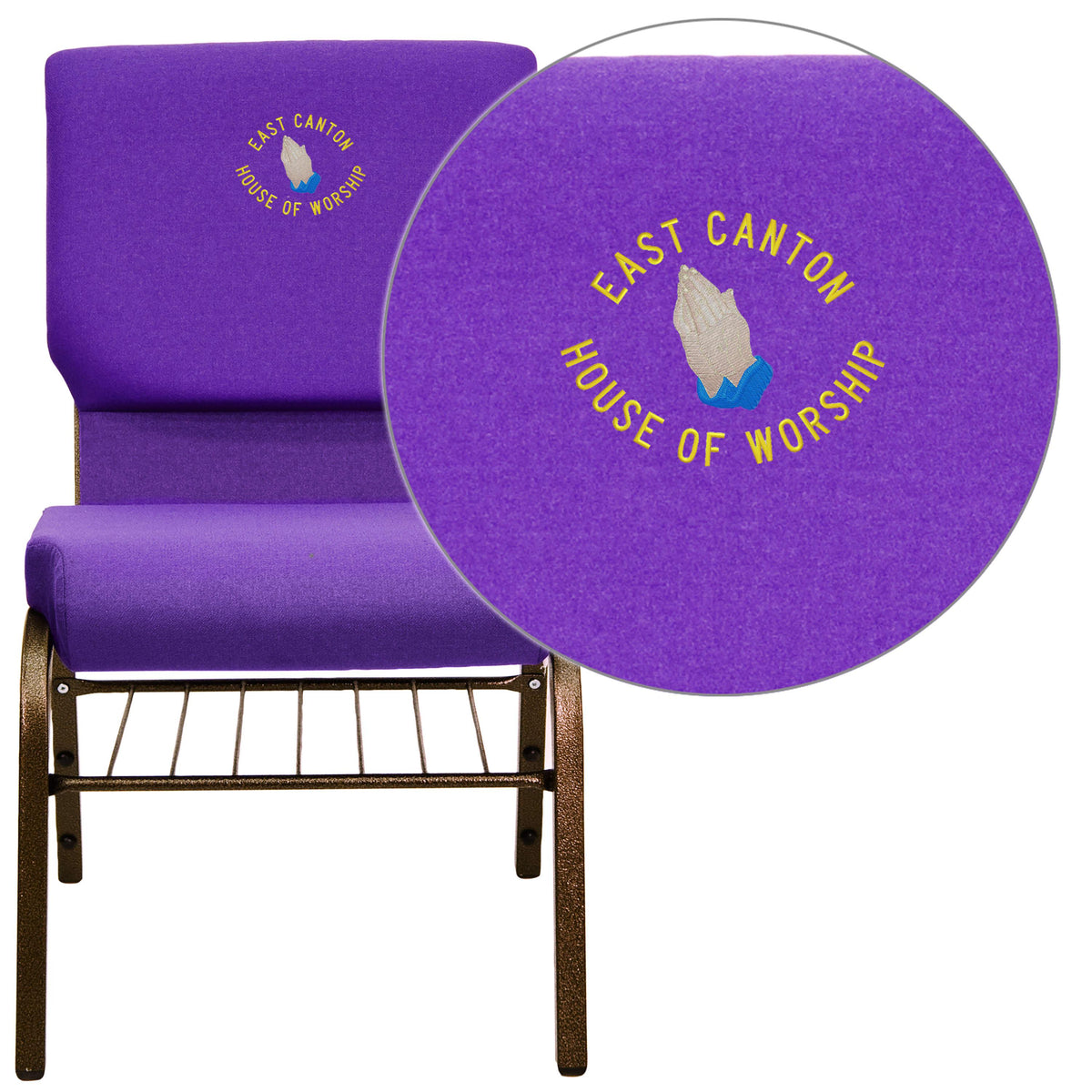 Purple Fabric/Gold Vein Frame |#| Embroidered 18.5inchW Church Chair in Purple Fabric w/ Book Rack - Gold Vein Frame