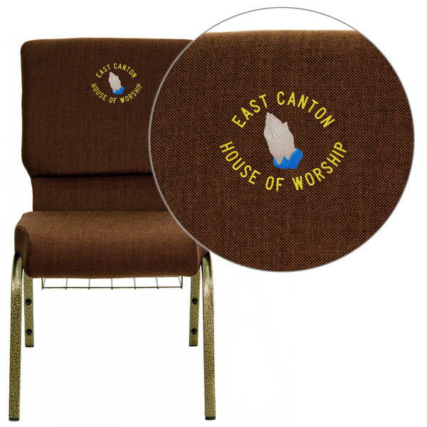 Brown Fabric/Gold Vein Frame |#| EMB 18.5inchW Church Chair in Brown Fabric with Cup Book Rack - Gold Vein Frame