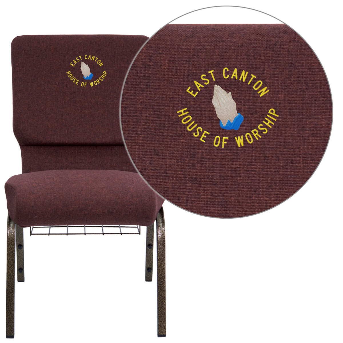 Plum Fabric/Gold Vein Frame |#| EMB 18.5inchW Church Chair in Plum Fabric with Cup Book Rack - Gold Vein Frame