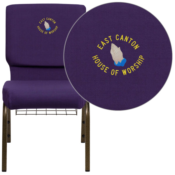 Royal Purple Fabric/Gold Vein Frame |#| EMB 18.5inchW Church Chair in Royal Purple Fabric w/Cup Book Rack-Gold Vein Frame