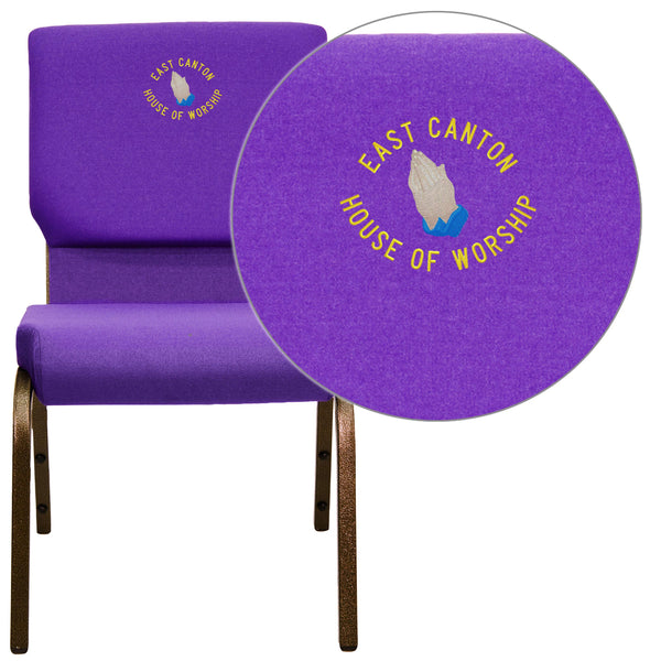 Purple Fabric/Gold Vein Frame |#| Embroidered 18.5inchW Stacking Church Chair in Purple Fabric - Gold Vein Frame