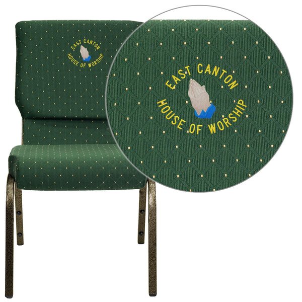 Green Patterned Fabric/Gold Vein Frame |#| EMB 18.5inchW Stacking Church Chair in Green Patterned Fabric - Gold Vein Frame