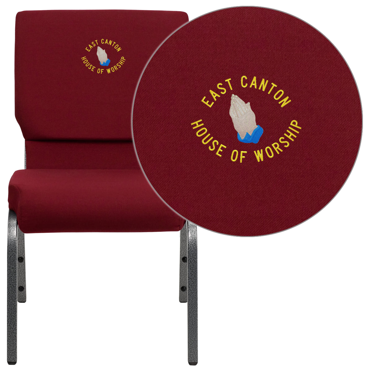 Burgundy Fabric/Silver Vein Frame |#| Embroidered 18.5inchW Stacking Church Chair in Burgundy Fabric - Silver Vein Frame