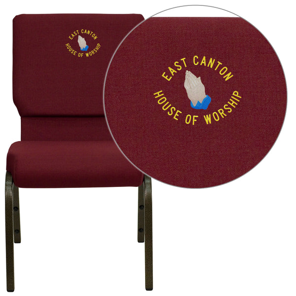 Burgundy Fabric/Gold Vein Frame |#| Embroidered 18.5inchW Stacking Church Chair in Burgundy Fabric - Gold Vein Frame