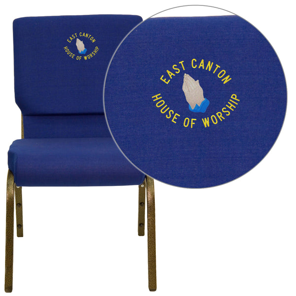 Navy Blue Fabric/Gold Vein Frame |#| Embroidered 18.5inchW Stacking Church Chair in Navy Blue Fabric - Gold Vein Frame