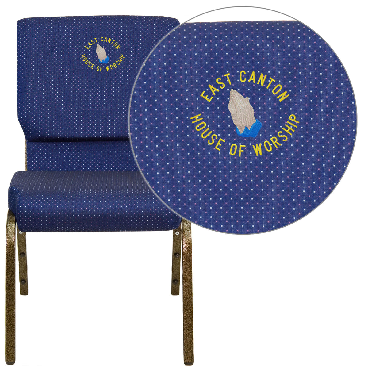 Navy Blue Patterned Fabric/Gold Vein Frame |#| EMB 18.5inchW Stacking Church Chair in Navy Blue Patterned Fabric - Gold Vein Frame