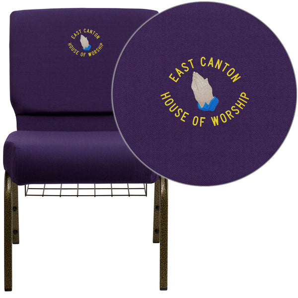 Royal Purple Fabric/Gold Vein Frame |#| EMB 21inchW Church Chair in Purple Fabric with Cup Book Rack - Gold Vein Frame
