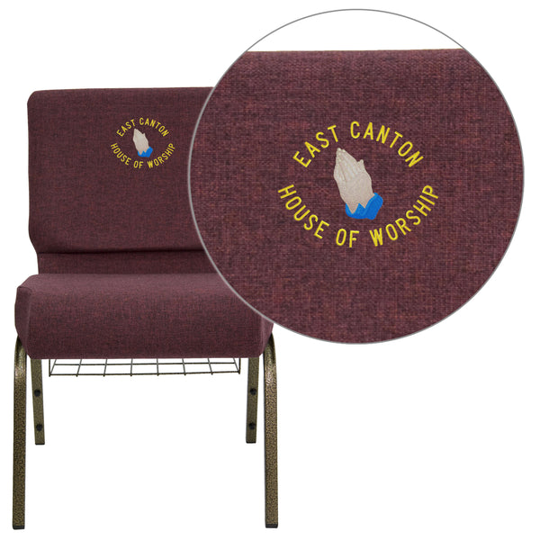 Plum Fabric/Gold Vein Frame |#| EMB 21inchW Church Chair in Plum Fabric with Cup Book Rack - Gold Vein Frame