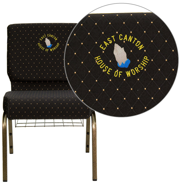 Black Dot Patterned Fabric/Gold Vein Frame |#| EMB 21inchW Church Chair in Black Dot Patterned Fabric w/ Cup Book Rack-Gold Frame