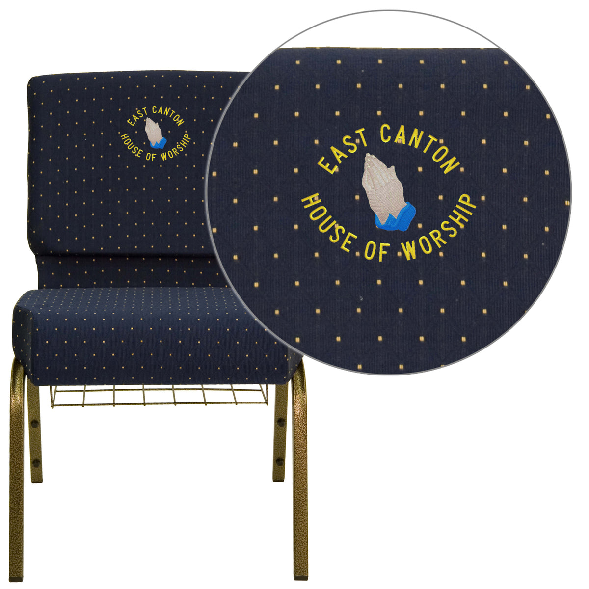 Navy Blue Dot Patterned Fabric/Gold Vein Frame |#| EMB 21inchW Church Chair in Navy Blue Dot Patterned Fabric w/ Book Rack-Gold Frame