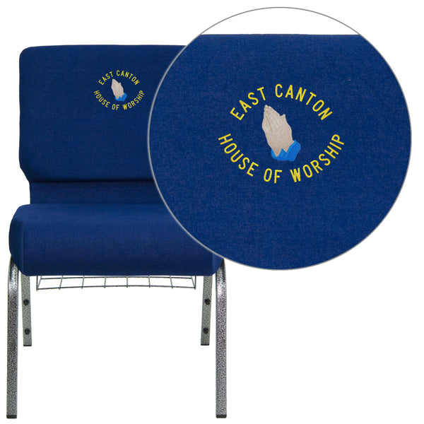 Navy Blue Fabric/Silver Vein Frame |#| EMB 21inchW Church Chair in Navy Blue Fabric w/ Cup Book Rack - Silver Vein Frame