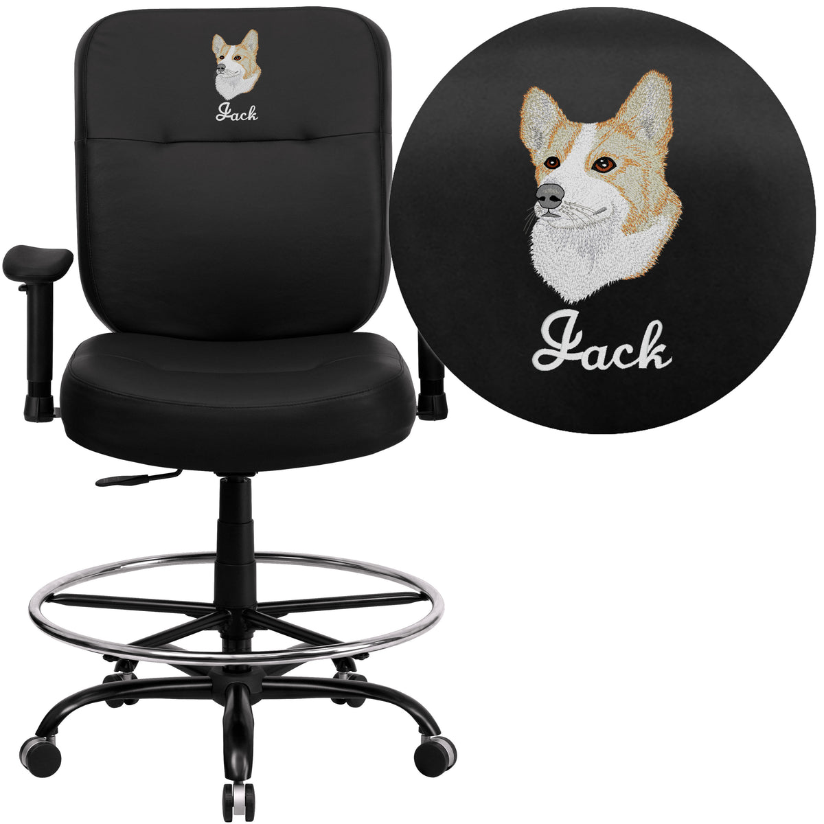 Black LeatherSoft |#| Embroidered Big & Tall 400 lb. Rated Black LeatherSoft Ergonomic Draft Chair